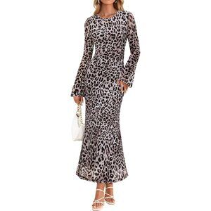 Zesica Women's Leopard Ruched Mesh Long Sleeve Floral Bodycon Cocktail Dress